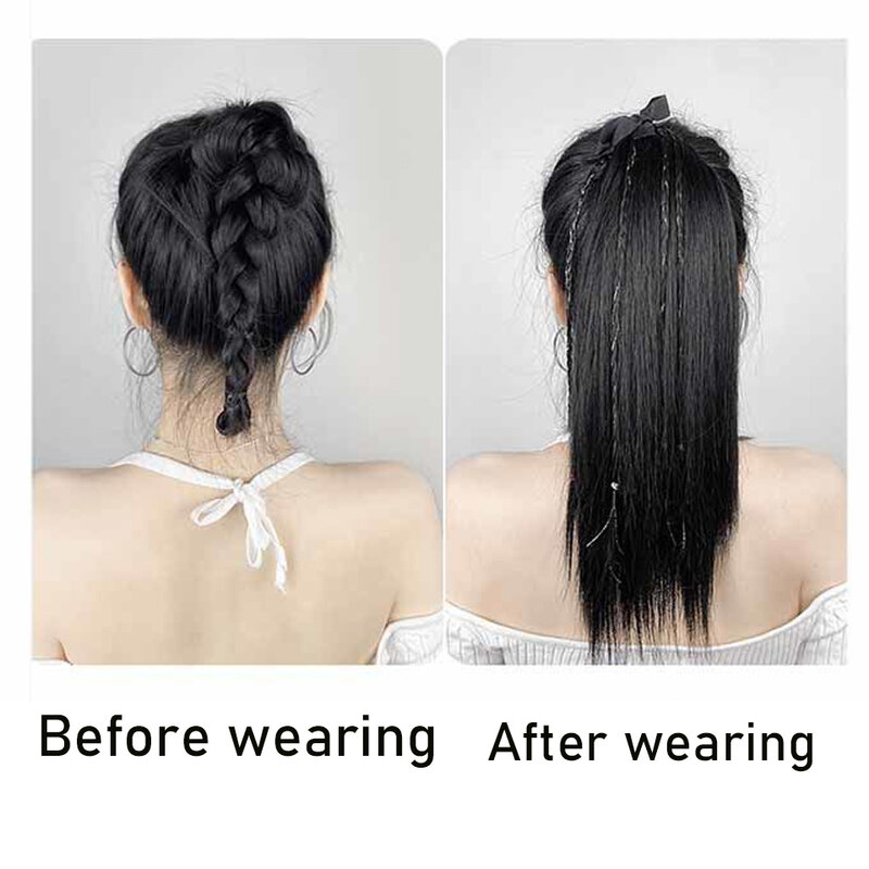 Rabo de cavalo sintético reto para mulheres, extensão de cabelo com cordão preto e marrom