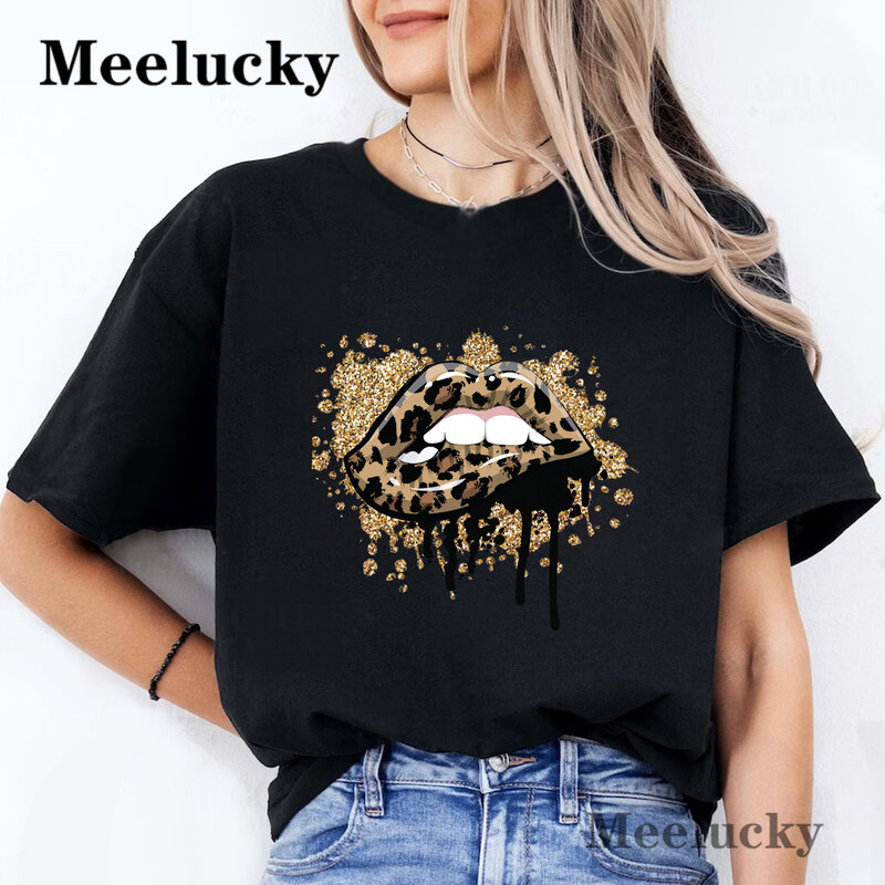 Leopard Dripping Lips Women T Shirts Cotton Graphic Tee Big Size Ladies Clothing Tops