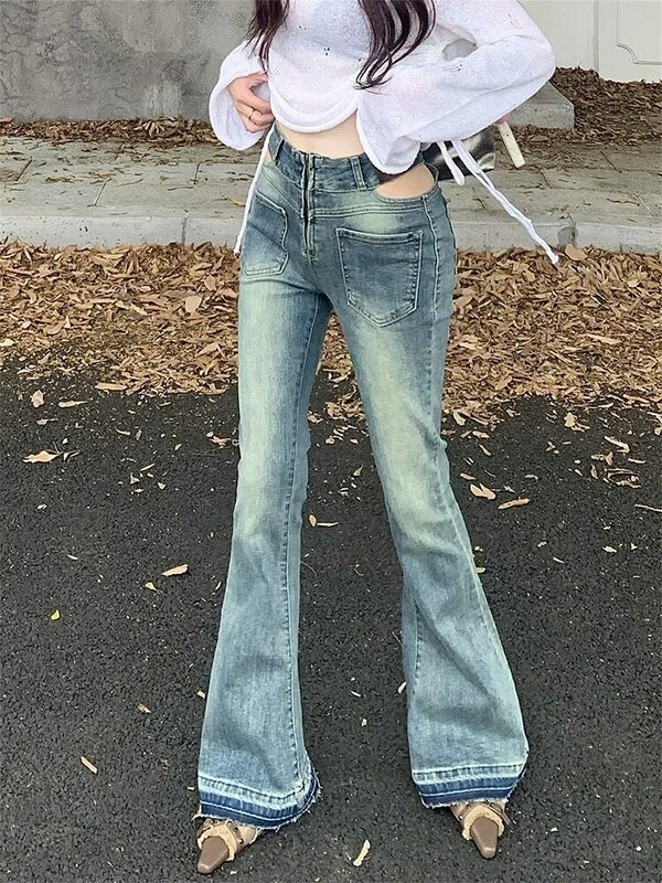 Calça jeans feminina de cintura alta com pernas largas, lavada com todos os fósforos, oca, sexy, fina, moda de rua, outono, nova