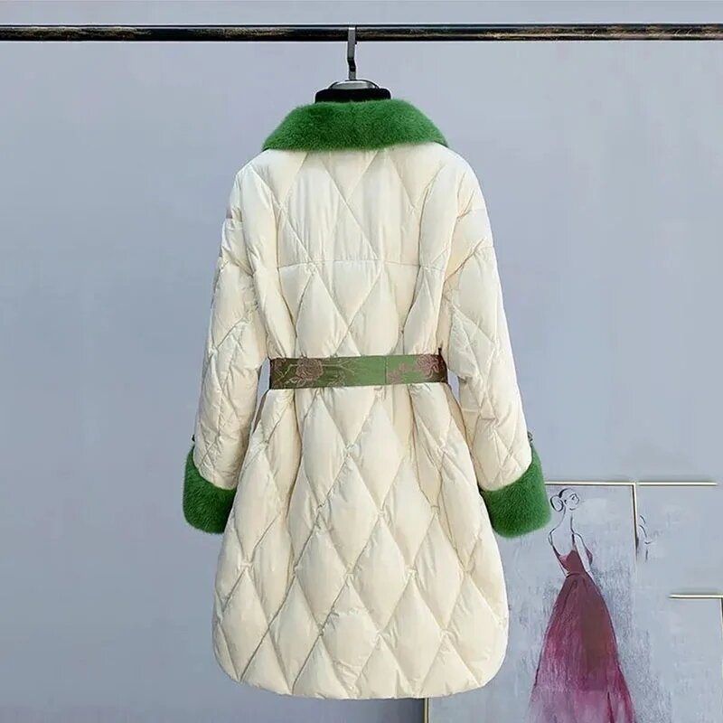 Jaqueta de parka com gola de pele feminina, sobretudo feminino, vison de imitação de alto nível, solta, casual, quente, baixo, algodão, inverno, novo
