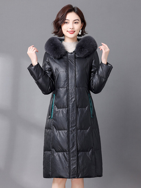 新しい女性の冬のフード付きレザーダウンコート ファッション暖かいリアルフォックスファー襟 カジュアルロングシープダウンアウター スプリットレザー