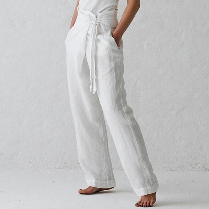 여성용 세련된 레이스업 하이 웨이스트 바지, 루즈핏 단색 스트레이트 레그 팬츠, 사무용 또는 단색 착용