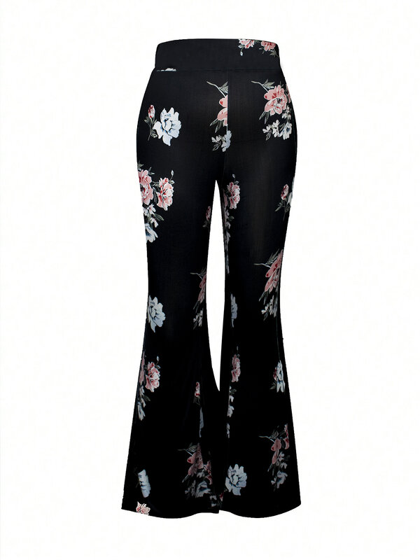 Calças femininas florais estampadas de cintura alta deflagradas, calças de perna larga, fundo de sino, malha elástica, elegante, confortável, tamanho grande