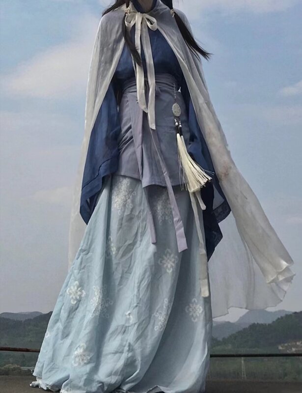 Biru 4 buah Hanfu Set Peningkatan kostum wanita Mesh cetak bunga rok mantel gaya Cina baru Wei Jin Hanfu kostum Cosplay