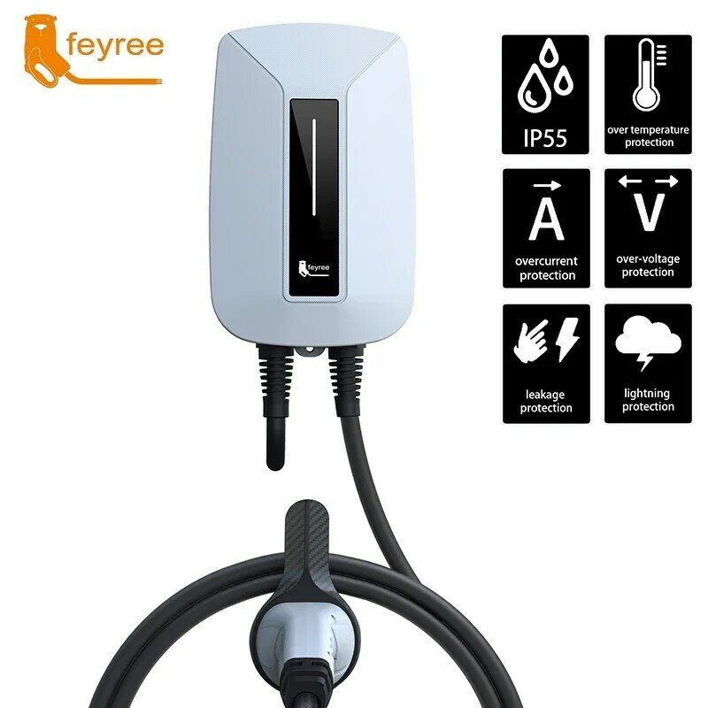 Feyree EVSE 월박스 전기 자동차용 EV 충전기, 타입 2 플러그, IEC62196-2 소켓, 1 상 5m 케이블, 월마운트 충전 스테이션, 32A, 7KW