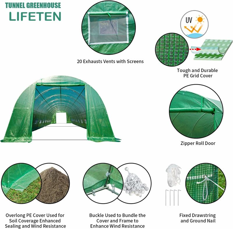 40'×12'×7.5' Greenhouse, Large Walk-in Portable Greenhouse with 2 Roll-up Zippered Doors&20 Screen Windows, Tunnel Garden Plant
