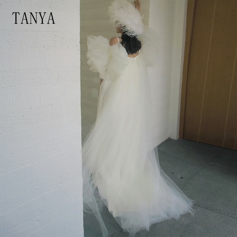 Gaun pernikahan tali Spaghetti elegan, dengan jubah pernikahan lengan Tulle dapat dilepas mode dua potong gaun pengantin cantik TSWD237