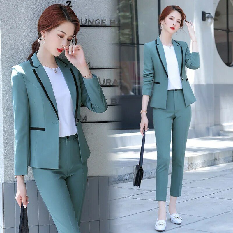 Pakaian Formal wanita, setelan pakaian bisnis wanita setelan hijau temperamen bisnis versi Korea, kerja wawancara siswa kuliah 9023