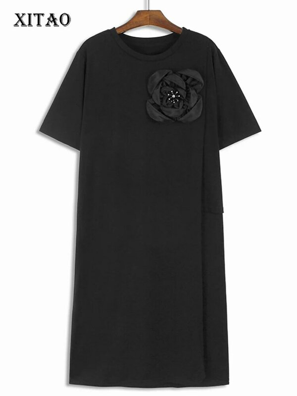 Платье XITAO составного кроя с трехмерным украшением, однотонный пуловер с круглым вырезом и коротким рукавом, свободное платье, лето 2024, ZY8689