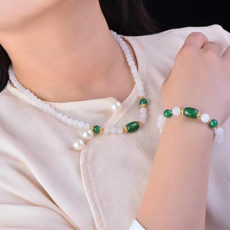 Gouden Zijden Jade Handketting & Ketting Natuursteen Elastische Armband Dames Edelsteen Armbanden Bedels Sieraden Moederdag Geschenken
