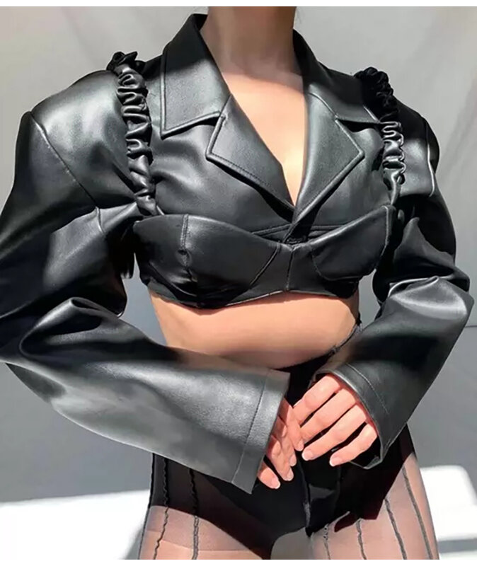 Jaket kulit imitasi cahaya hitam pendek musim semi musim gugur 2024 atasan crop Fashion seksi bergaya Runway Lapel lengan panjang wanita