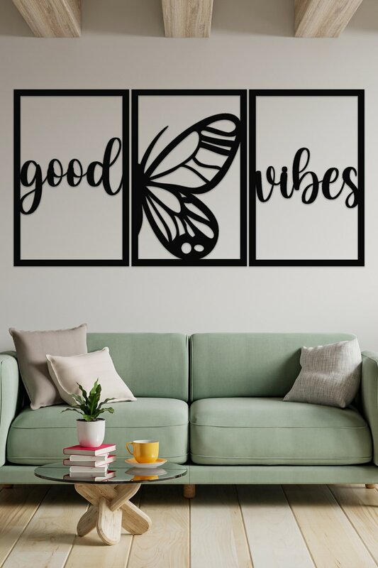 3 Pieces Good Vibes - Positive Energy Butterfly Laser Cut Black Wall Decoration Product 40x30x3 cm