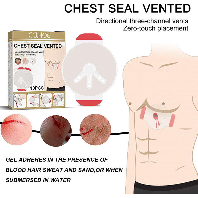 10Pcs Segurança Sobrevivência Emergência Trauma Adesivo Peito Seal Medical Chest Seal Ventilado First Aid Patch Outdoor Ferramenta Sobrevivência