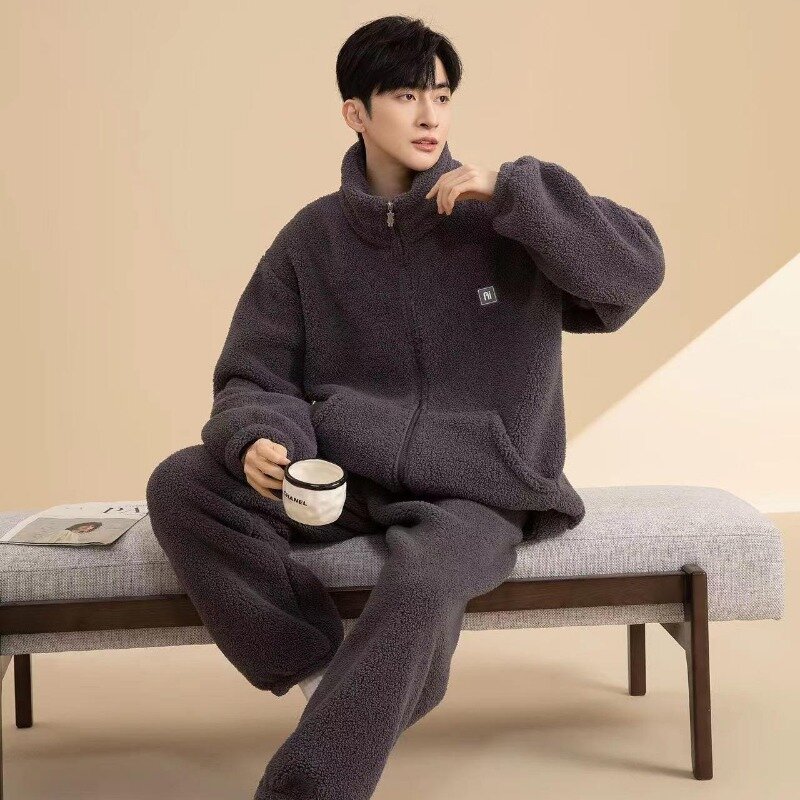 Stand Collar Zipper Lovers' Autumn and Winter Soft Cotton Pile with Pile Thickening Warm Home Clothes Pajama Set sleepwear