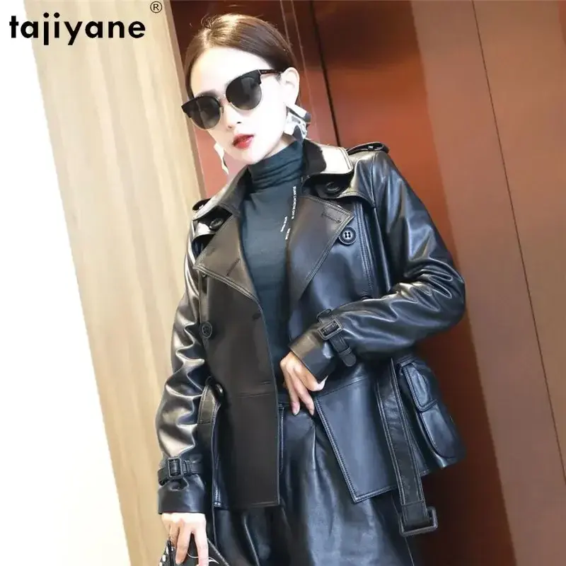 Tajiyane-여성용 진짜 가죽 자켓 짧은 슬림 가죽 자켓, 한국 패션 정품 양피 가죽 코트 벨트 2023