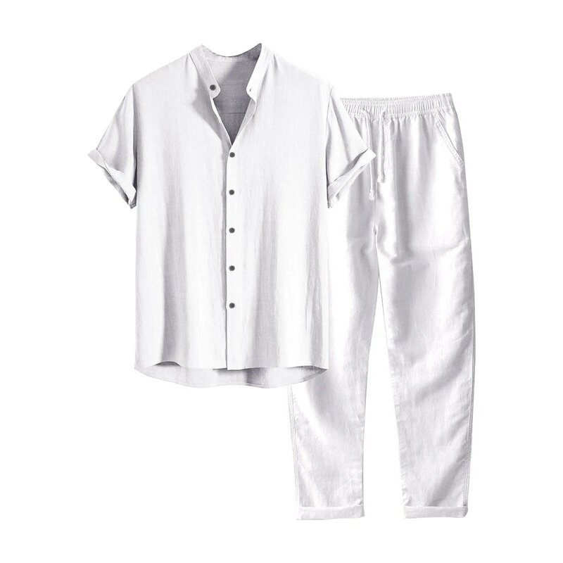 Harajuku Shirts Pants Sets For Men Summer Casual Tee Shirts Solid Color Short Sleeve Stand Collar Streetwear Shirt Tops Trousers
