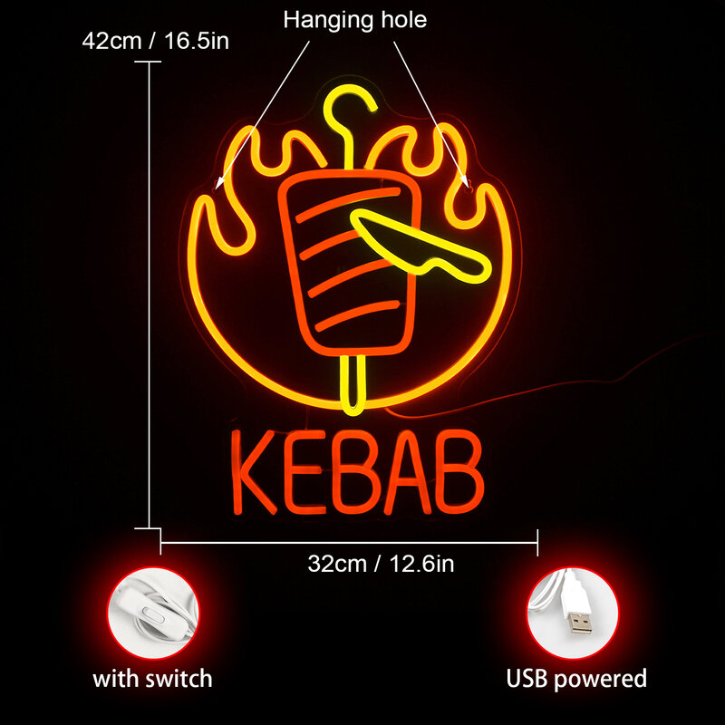 BBQ Kebab Neon Luzes LED Sign, USB Powered, Taco, Nachos, Food Logo Lâmpadas para Decoração do quarto, Churrasqueira, Loja, Bar Art Lâmpada de parede