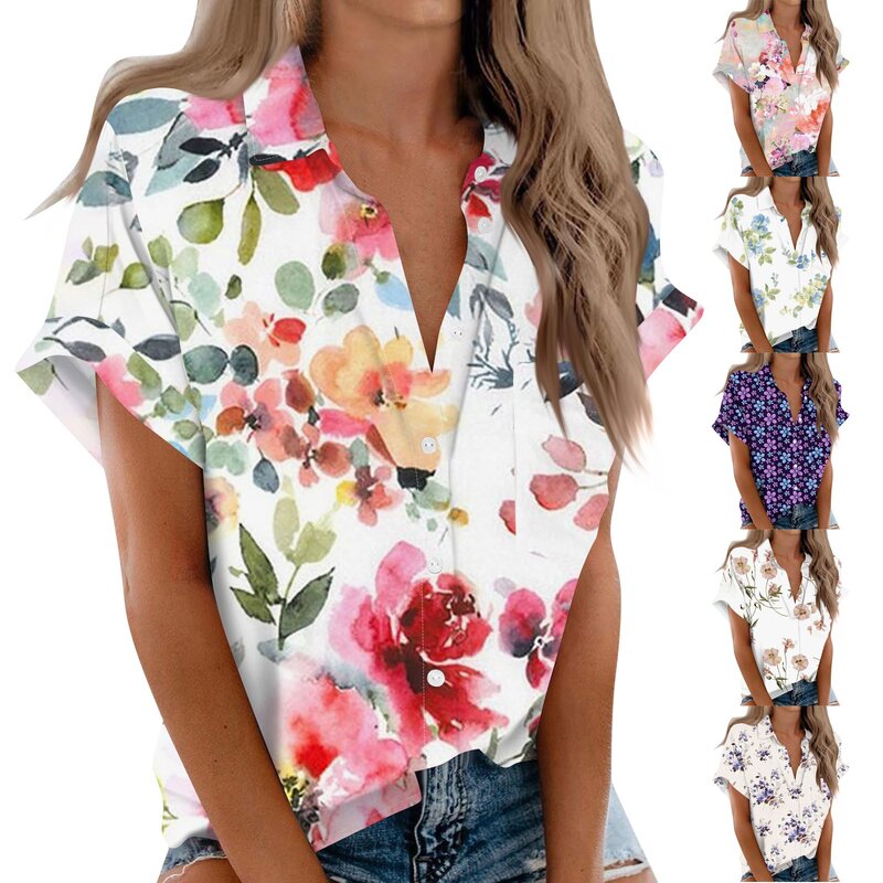 Женская рубашка с коротким рукавом, Элегантная блузка с цветочным принтом, модная женская одежда больших размеров, 2024