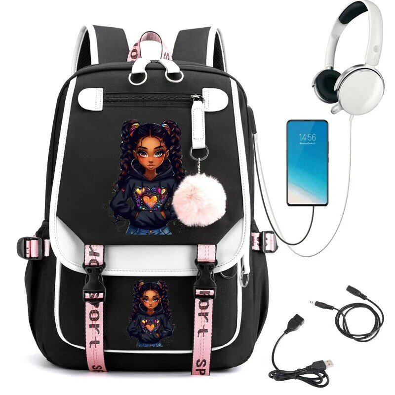 Lockige schwarze Mädchen drucken Schul rucksack niedlichen Cartoon Schult asche für Schüler Teenager USB Bücher tasche Anime Laptop Teenager Rucksack Taschen