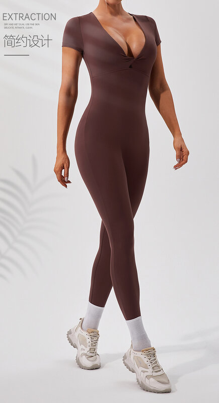 Sexy and Nude Short Sleeved Jumpsuit for Women, All-in-one Bodysuit, Sports, Fitness, Training, Dance