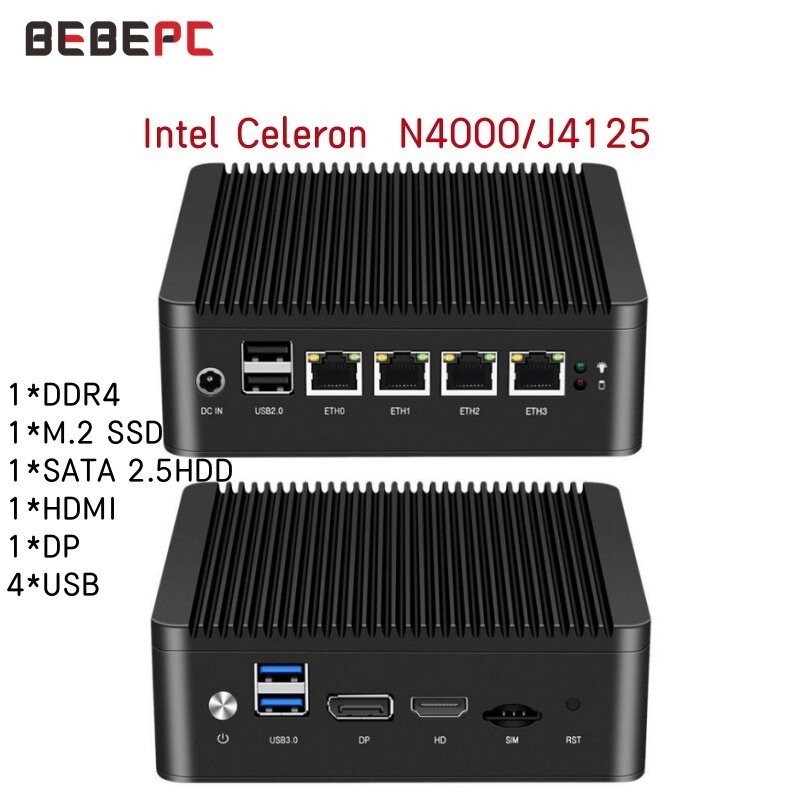 BEBEPC-Mini PC 4 LAN 2,5G sin ventilador Celeron J4125 N4000 DDR4 Firewall Pfsense Computador Windows 10 Linux Ubuntu Router WIF minipc