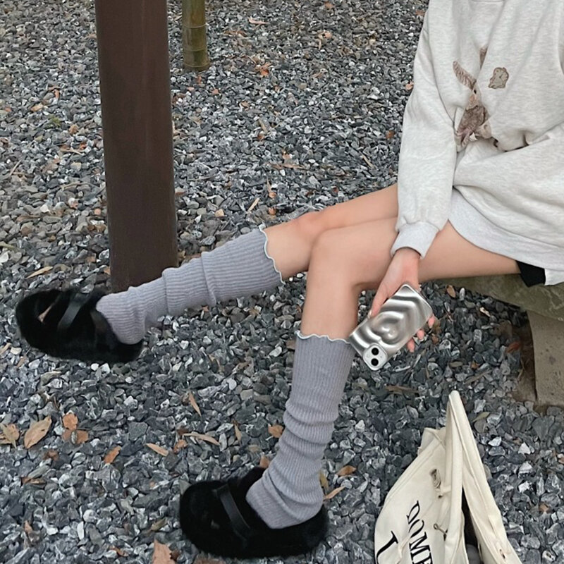 Scaldamuscoli da donna in maglia con bordo arruffato dolci giapponesi calzini in lana di cotone a pelo solido Y2k calze invernali accessori Lolita