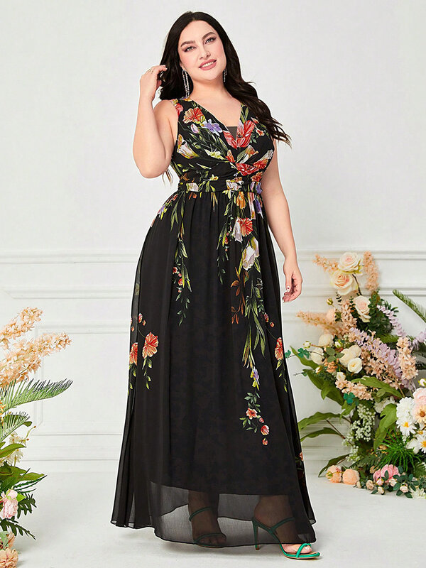 TOLEEN 2024 New Summer Plus Size Women Clothing Sexy V-Neck Floral Print Sleeveless Chiffon Casual Elegant Party Evening Dress