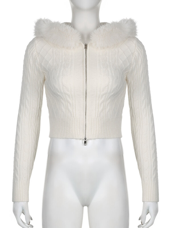 Rockmore-suéter con capucha peluda para mujer, abrigo informal con cremallera Y2K, chaqueta recortada, prendas de punto coreanas, Otoño e Invierno