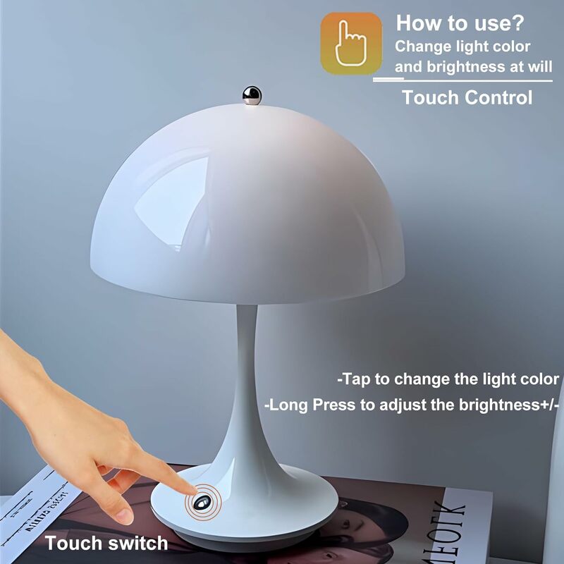 터치 센서가 있는 무선 버섯 테이블 램프, 무단 조도 조절 USB 충전식 침실 침대 옆 야간 조명 장식, 3 색