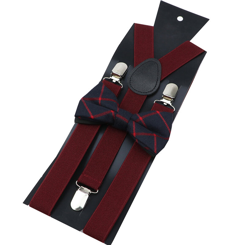 Cotton Plaid Red Blue Bowtie Suspenders Set Men Women Tuxedo Suit Unisex Braces Butterfly Wedding Adjustable Y-Back Brace Belt