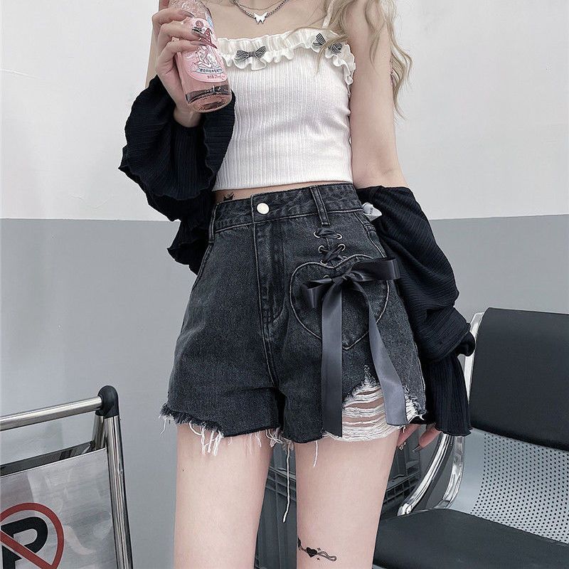 Denim Shorts With Bow Ties Ripped High-Waisted Women'S Summer New Style Tall And Slim Loose Wide-Leg A-Line Pants