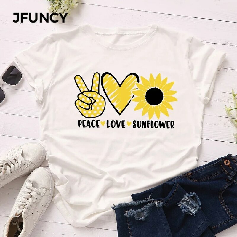JFUNCY-Camiseta feminina de manga curta, camiseta estampada feminina, camisa casual de algodão, verão, S-5XL, 2024