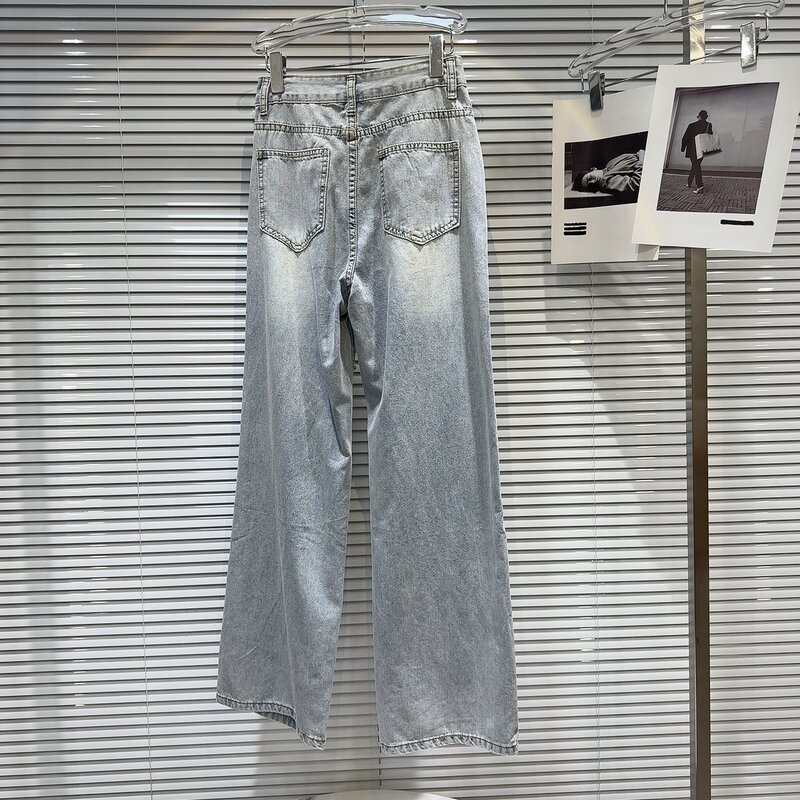Pantalones rectos desgastados con cuentas de diamantes de imitación para mujer, Jeans de cintura alta, primavera y verano, 2024
