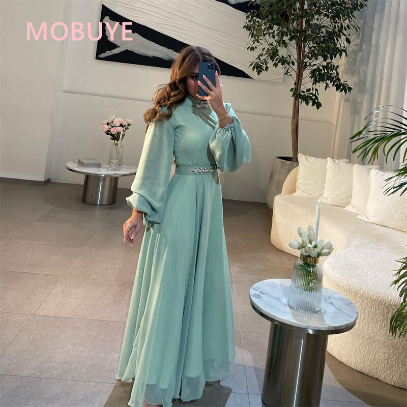 MOBUYE gaun pesta leher O wanita, gaun malam lengan penuh modis elegan A-Line Dubai 2024