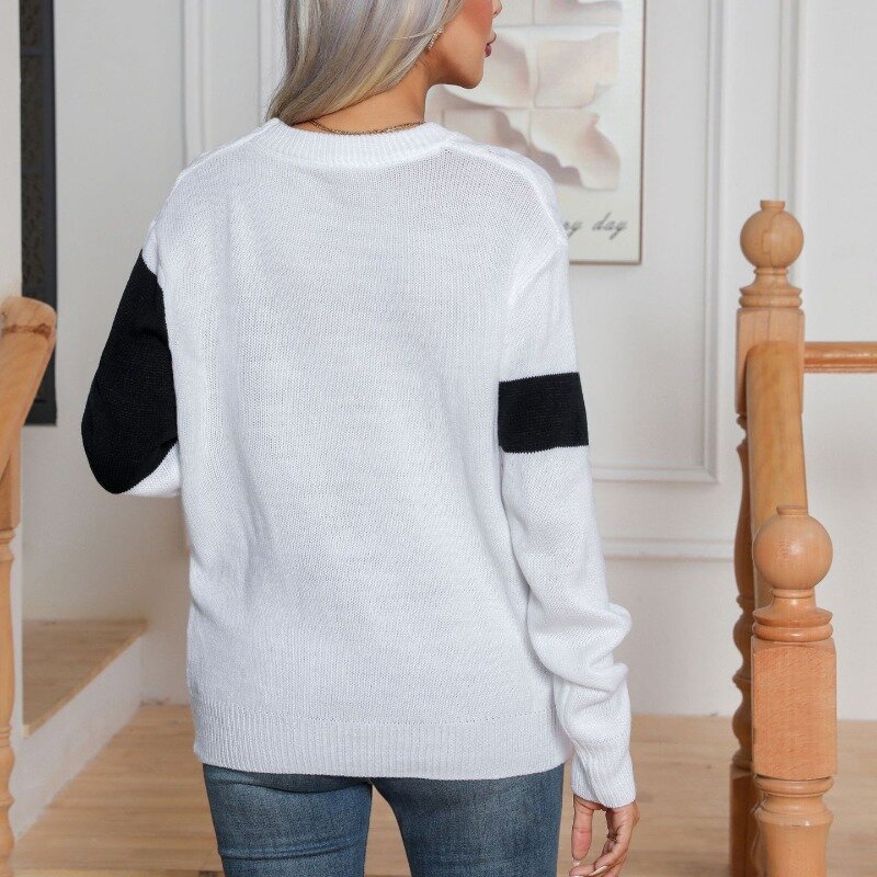 2023 jesienno-zimowy damski sweter z okrągłym dekoltem i patchworkscred z luźnym podkładem moda casualowa bluzki z elegancka, długa rękawem