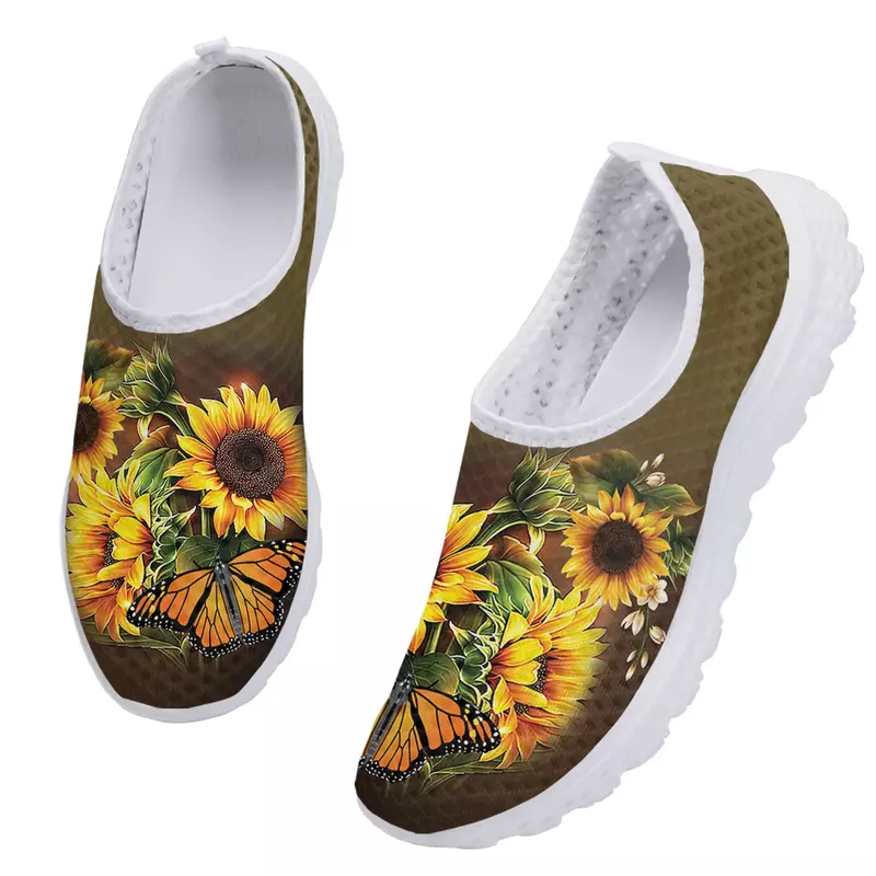 Кроссовки легкие прогулочные, модные лоферы с подсолнухами и бабочками, дышащие, повседневная обувь для улицы, на лето