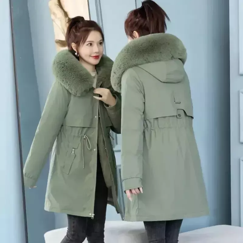 Jaket bulu lapisan hangat wanita, jaket musim dingin bertudung hangat Parka sabuk, mantel musim dingin 2023