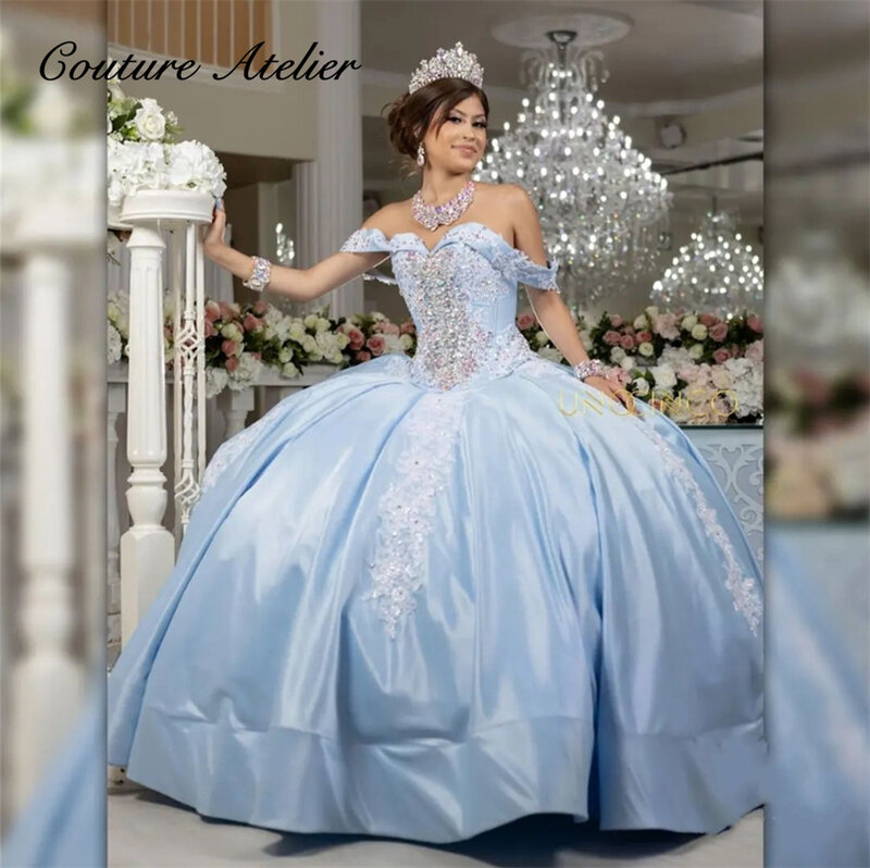 Vestido de baile de cetim azul celeste com aplique de renda, Off the Shoulder, Sweet 16 Dresses, Quinceanera, Vestidos de casamento, 2024