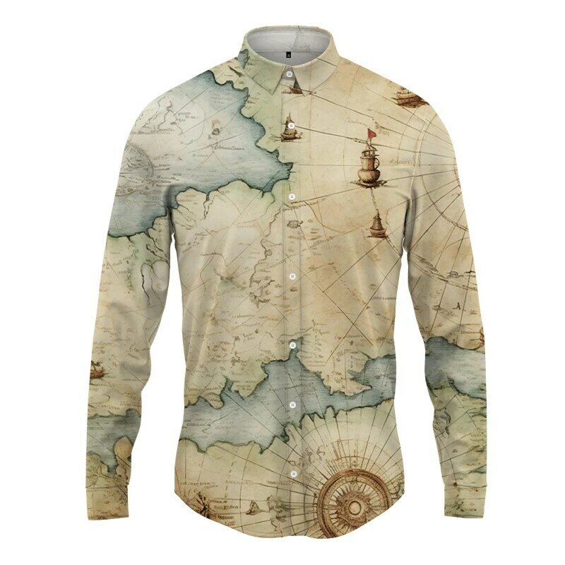 Camicie da uomo Vintage Map camicia di moda camicie hawaiane a maniche lunghe camicetta da spiaggia estiva abbigliamento da uomo colletto rovesciato Camisas