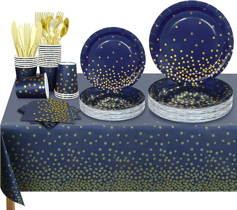 Ensemble d'assiettes en papier bleu marine avec points dorés, fournitures de fête, fête préChristophe, anniversaire, mariage, décor de vacances, standard
