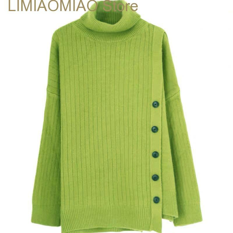New Autumn Winter Knitted Turtleneck Sweater Casual Buttons Pullover Jumper Long Sleeve Loose Tops