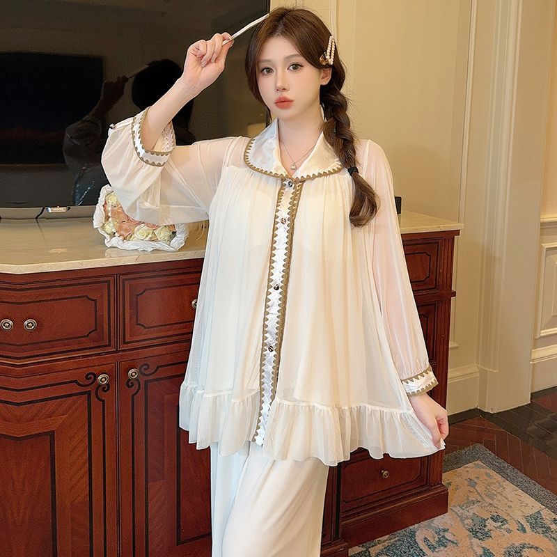 Пижама женская с длинным рукавом, тонкая кружевная сетчатая Домашняя одежда, кардиган принцессы с нагрудными подкладками, ажурный комплект, весна