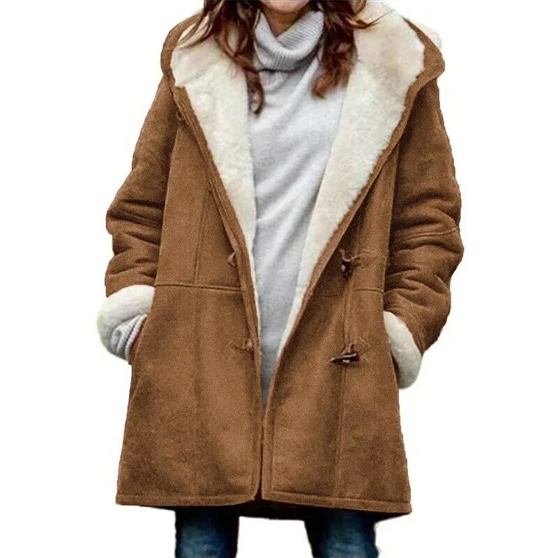 Langer warmer Damen mantel mit Horn knopf und Fleece mit Kapuze und dickem Freizeit mantel