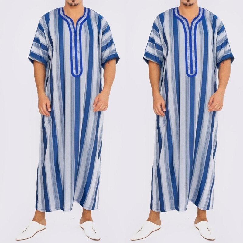 Men Short Sleeve Striped Robe Muslim Dress Middle East Jubba Thobe Saudi Arab Kaftan Caftans Traditional Muslim Clothing