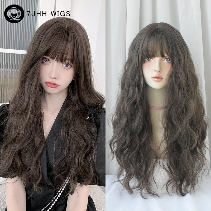 Wig 7JHH wig panjang keriting longgar bergelombang keren wig cokelat dengan poni kepadatan tinggi sintetis berlapis cahaya wig rambut coklat untuk sehari-hari wanita