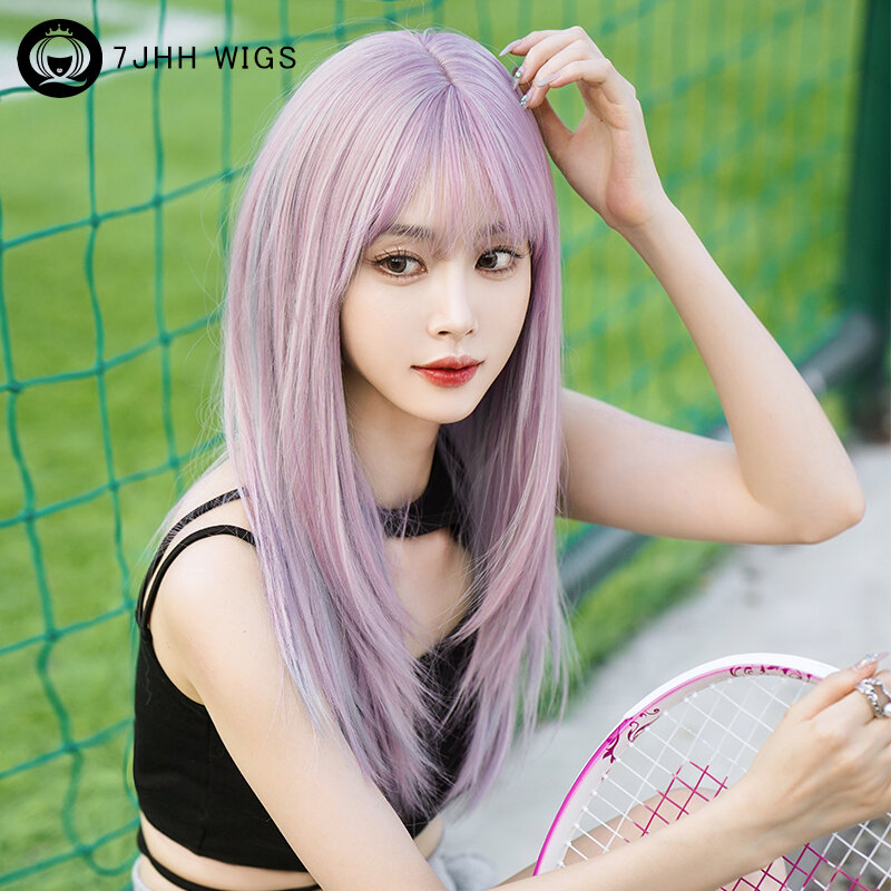 Wig Lolita 7JHH Wig sintetis panjang bahu Wig ungu muda dengan poni halus Wig Lavender berlapis kepadatan tinggi untuk wanita