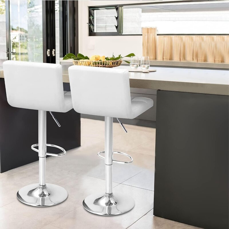 Bar Stools Modern Square Counter Height Barstool 22" to 33" PU Leather Swivel Adjustable Stool with Back Set of 2