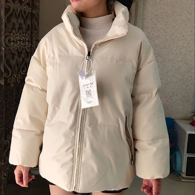 Jaqueta acolchoada de algodão engrossado simples para mulheres, casaco de cintura com cordão de lapela, top elegante solto, monocromático, moda coreana