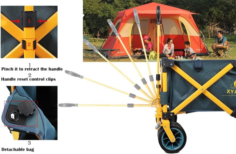 XYART Collapsible Wagon Cart Utility Folding Carts Heavy Duty for Outdoor Camping Beach Garden with Big Wheels Dark Green Yellow