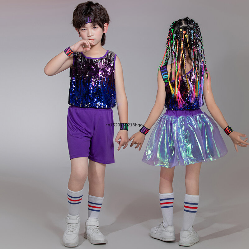 Costume de spectacle de jazz à paillettes pour garçons et filles, vêtements de danse de rue, danse hip-hop, journée des enfants de la maternelle